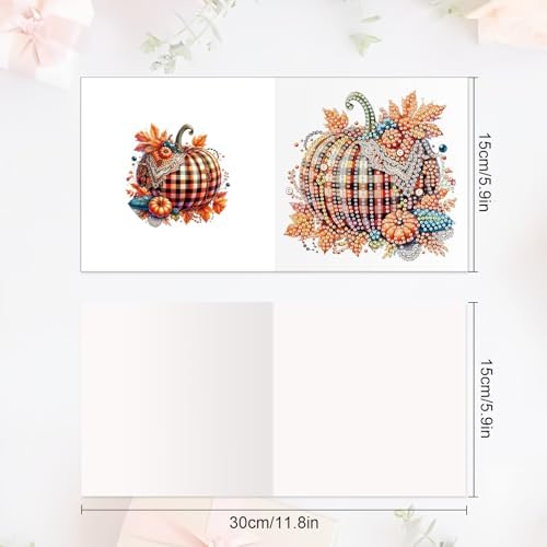 6-Pack Autumn Pumpkin Diamond Art Greeting Cards with Envelopes – DIY 5D Diamond Painting Kits for Adults, Creative Fall Thanksgiving Greeting Card Set, Rhinestone Craft Kits, Handmade Holiday Cards