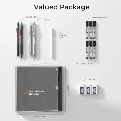 Nicpro 4 PCS Metal Mechanical Pencil 0.5 mm 0.7mm Storage Case Black Silver