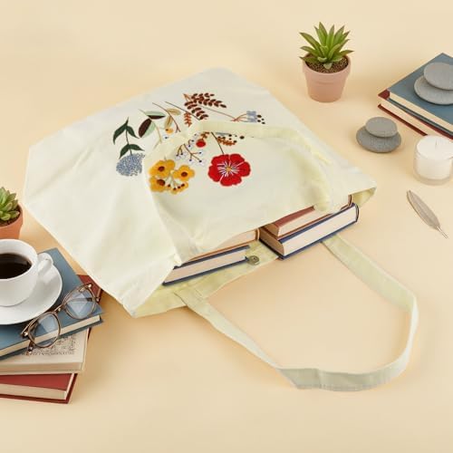 ERKOON Canvas Tote Bag Embroidery Kit for Beginners, Floral Arts Crafts Cross Stitch Kits for Adults Including Stamped Embroidery Bag with Hoops, Needle, Instruction and Color Threads (Flower)