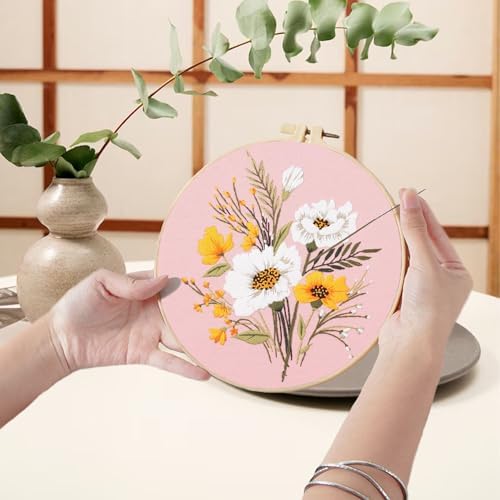Ohcol 3 Sets Embroidery Kit,Cross Stitch Kits Needlepoint Kits for Adults Beginner,Needle Point Kits with Washable Pre-Printed Floral Pattern,Hoops,Women DIY Hand Crafts