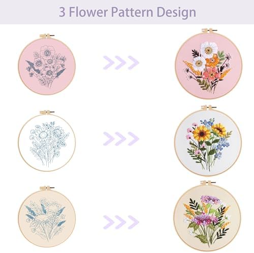 Offizon 3 Sets Embroidery Kit for Beginners Adult DIY Cross Stitches