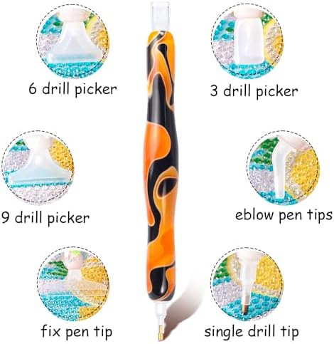 RaySoar Diamond Painting Art Drilling Dot Pen with Tips Nibs Placers Tool Accessories for Adults, Gem Rhinestone Picker Stylus Black Orange