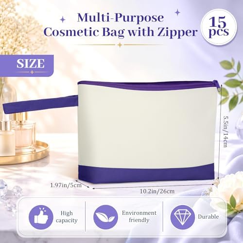 Silkfly 15 Pcs Cotton Canvas Makeup Bags Cosmetic Zipper Bags 10.2 x 5.5 x 2'' Blank DIY Pouch Bulk Pencil Case with Bottom Travel Toiletry Pouch for Women Craft Decor Gift (Beige and Purple)