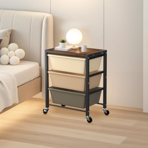 Rolling Cart with 3 Drawers, Plastic Drawer Storage Carts with Lockable Wheels & Wooden Tabletop, Metal Utility Cart Organizer, Office Bedroom Classroom Craft Organization and Storage, Dark Brown