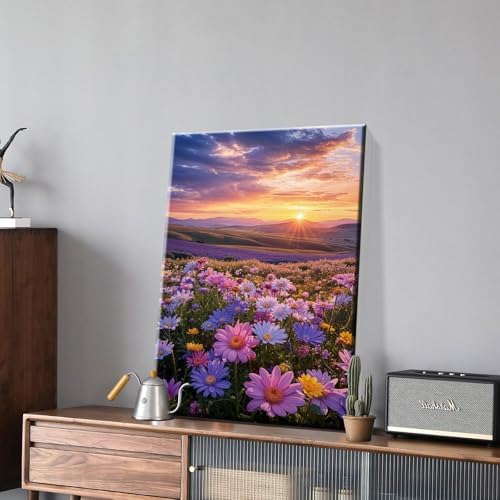 JOOZ Flowers Paint by Numbers Kit for Adults with Frame, Sunset Mountain Paint by Number with Easel, DIY Adult Paint by Number Kits on Canvas Landscape for Home Wall Decor 8 x 12 Inch