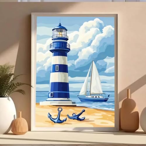 VeGuude Diamond Art Kits for Adults, Beach and Lighthouse 5D Diamond Art Kits for Beginner DIY Full Drill Diamond Dots Crystal Craft Kits for Home Wall Decor Gifts, (12x16 inch)