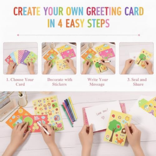 Outus 15 Pcs Card Making Kits for Kids, Handmade DIY Greeting Cards | Thank You Cards Gifts with Blank Cards, Envelopes, Stickers for Boys Girls Birthday Thanksgiving Christmas Party Crafts