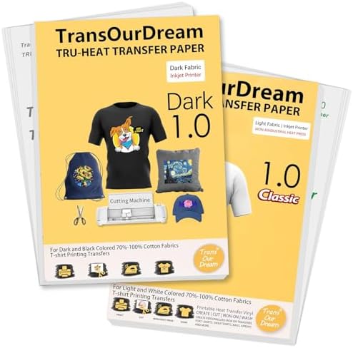 TransOurDream Tru-Heat Transfer Paper for Dark and Light Fabric (50+50 Sheets, 8.5x11", Mix Pack) Printable HTV Heat Transfers Vinyl for Inkjet Printers Iron on Transfers for T Shirts