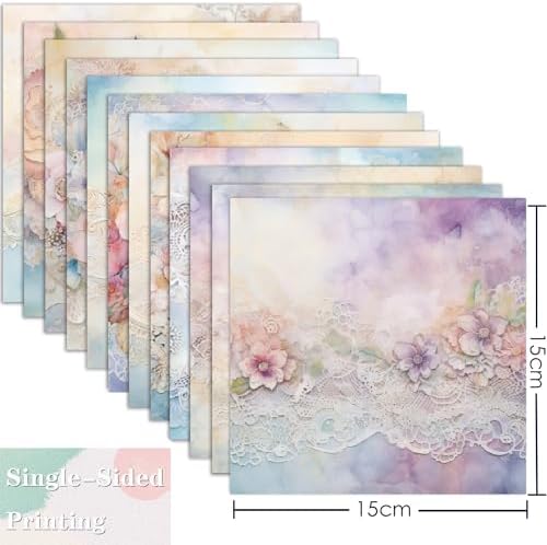 6x6 Scrapbook Paper Pad - Silent Blossom Vintage Lace 160gsm Cardstock, 24 Pcs Pastel Watercolor Floral Decorative Paper for Wedding Junk Journal Supplies