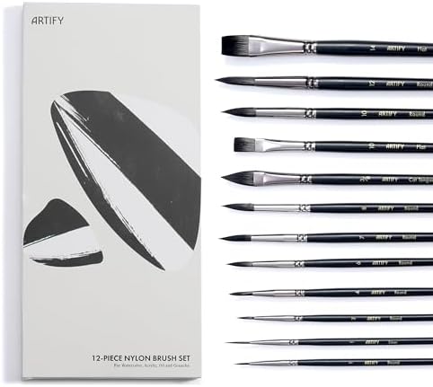 ARTIFY 12 PCS Watercolor Brushes Set, Premium Bionic Hair Brushes for Watercolor, Gouache, Fluid Acrylic - Detail, Round, Flat, Cat's Tongue, Liner