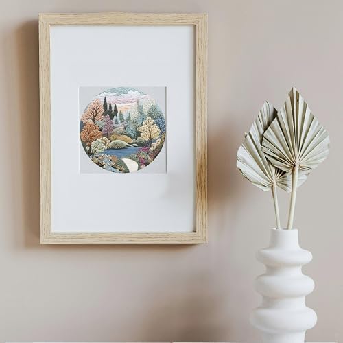 FONNUY 2 Set Embroidery Kit DIY for Adult Beginner, Pre-Stamped Patterns Mountain Sea Embroidery Kits with Hoop, Colored Threads and Needles, Easy to Follow Needlework (Boho Trees)
