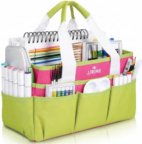 JJRING Craft Organizer Tote Bag Art Storage Caddy Bright Green and Red | With Multiple Pockets For Sewing, Scrapbooking, School, Medical, And Office Supplies