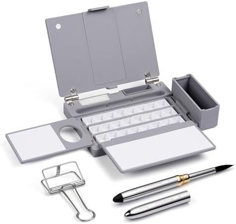 Fuumuui Travel Watercolor Palette Box, All-in-One Portable Watercolor Kit with 24 Empty Removable Half-pan Grids, Travel Brush, Watercolor Cup and Clip - Plein Air Set for Right Hand Artists