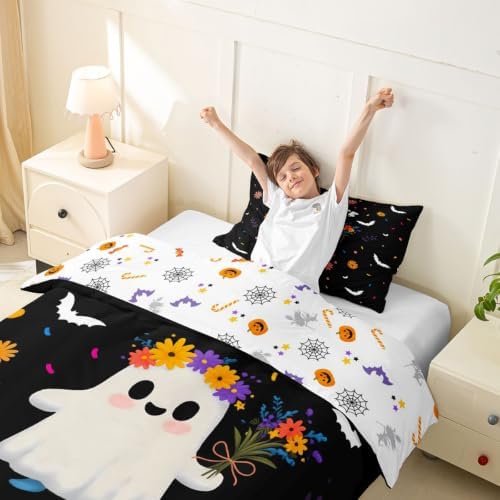 Erosebridal Spooky Ghost Duvet Cover Toddler Size Cute Flower Bedding Set for Kids Boys Girls Cartoon Bats Comforter Cover Kawaii Halloween Artwork Bedclothes Room Decor