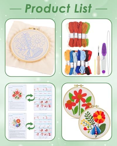 ERKOON Punch Needle Kit Adults Beginners, 2 Pcs DIY Easy Flower Embroidery Set for Starter Art Craft, Needling Punching Project with Patterns, Tools, Yarns, Hoop, Instruction (Safflower)