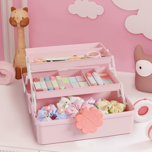 Covetree Hair Accessories Organizer with Handle sewing organizer，Lockable Three-Layer Multipurpose Art Supplies Storage Box and Storage Plastic Jewelry Box (pink)