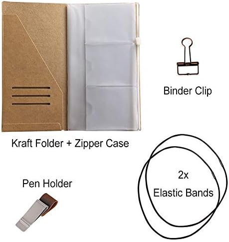 Travelers Notebook Accessories Kit - Kraft File Folder, Zipper Case, Pen Holder, Binder Clip and 2 Elastic Bands