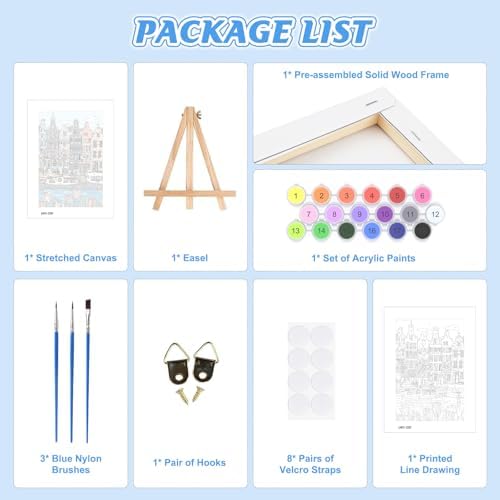 KEYIFA Paint by Numbers for Adults on Framed Canvas - with Wooden Easel, Amsterdam Painting by Number Kit for Beginners, DIY Netherlands Acrylic Paint-by-Number Kits for Home Wall Decor (8x12 inch)