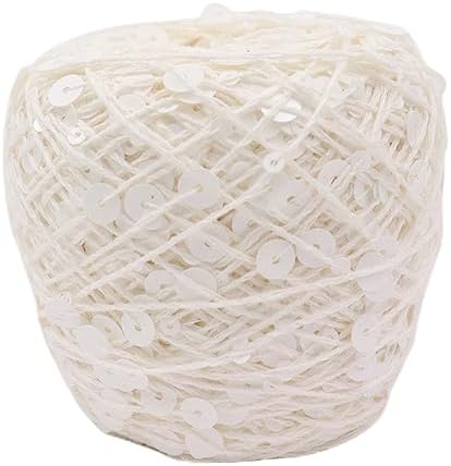 Shimmering Sequin Cotton Yarn 153yard Sparkling Thread Crochet Strings for Headband Beanie Knitting Sweater Weaving DIY Stitch Winter Accessories Rag Doll (White)