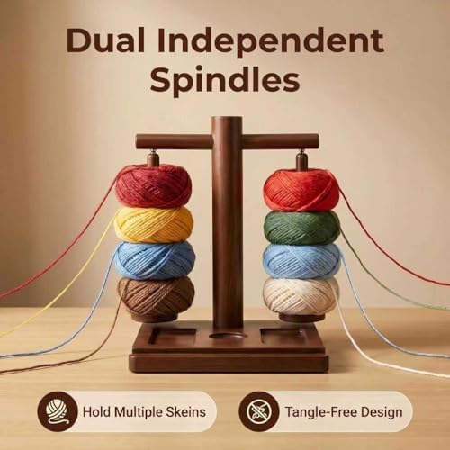 Wooden Yarn Holder for Crocheting & Knitting - Upgraded Magnetic Rotating Dual Spindle Yarn Spinner with Phone Stand & Hook Storage - Tangle Yarn Dispenser, Perfect Gift for Knitters & Crafters