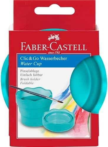 Faber-Castell Clic & Go Portable Paint Water Cup with Brush Holder, Turquoise - Collapsible Paint Brush Cleaner Rinse Cup, Travel Friendly Painting Accessories