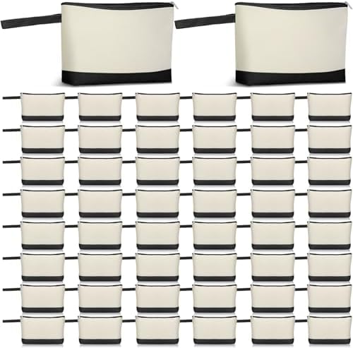 Silkfly 48 Pcs Cotton Canvas Makeup Bags Cosmetic Zipper Bags 10.2 x 5.5 x 2'' Blank DIY Pouch Bulk Pencil Case with Bottom Travel Toiletry Pouch for Women Craft Decor Gift (Beige and Black)