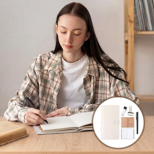Thenshop Leather Travel Notebook 3 Inserts,White,Stand Size