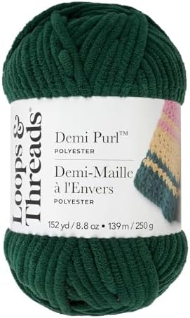 Loops & Threads Demi Purl Yarn – Super Bulky 100% Polyester, Soft Plush Chenille Yarn for Knitting & Crochet, Ideal for Blankets, Hats, Scarves & Crafts, Pineneedle