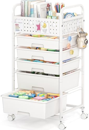 5 Drawer Rolling Storage Cart with Pegboard Top and Hooks, White