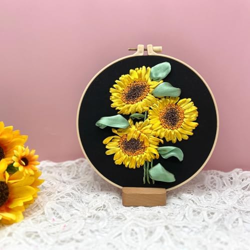 FONNUY Ribbon Embroidery 3D Flowers Pattern Design Kit Embroidery DIY Handwork Set Oval Home Decoration (Sunflower)
