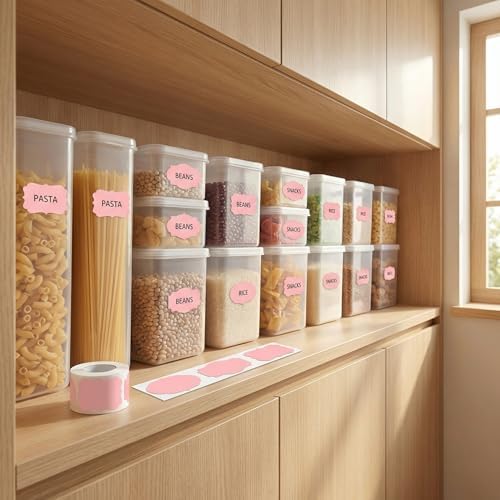 300 Pcs Pink Labels Stickers, 1.2x2 Inch, 3 Decorative Designs, Writable for Gift Wrapping, Pantry Storage, Jars & Wedding Decor