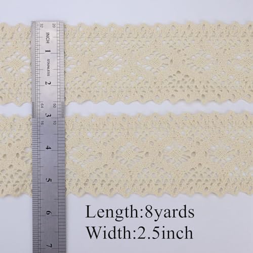 Beige Lace Ribbon 8 Yards Crochet Lace Trim Extra Wide Cotton Sewing for Crafts, Gift Package Wrapping, Bridal Wedding Decoration, Scrapbooking Supplies