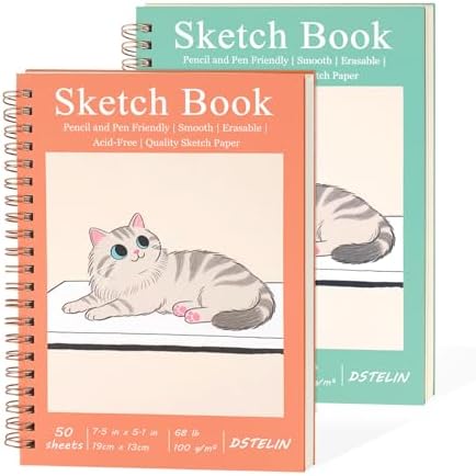 DSTELIN 2 Pack Mini Sketch Books, 7.5 x 5.1 Inch, Spiral Bound with Hard Cover, 50 Sheets per Pad,100gsm, Ideal for Sketching and Mixed Media Creations