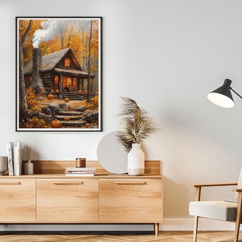 MIRCVSH Autumn Diamond Art Kits for Adults,5D Round Drill Wood Cabin Diamond Painting Kits for Adult Beginners,DIY Full Drill Gem Art Painting Kit for Home Wall Decor 12X16 Inch.