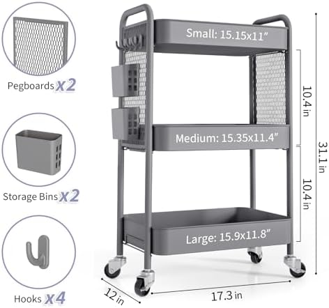 TOOLF 3 Tier Rolling Cart, Metal Utility Storage Cart with Pegboard, Grey | 2 Bins & 4 Hooks, Screwless Assembly, Lockable Wheels, Trolley Organizer for Bathroom, Kitchen, Office, Dorm, Craft Room