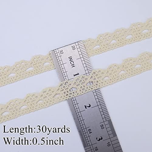 Beige Lace Ribbon 30 Yards Crochet Lace Trim Cotton Sewing for Crafts, Gift Package Wrapping, Bridal Wedding Decoration, Scrapbooking Supplies