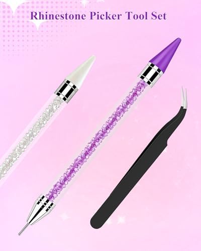 Rhinestone Picker Tool, Wax Pencil for Rhinestones Tool, Dual-ended DIY Nail Bedazzling Tools With 2 Extra Purple and 2 Extra White Replaceable Wax Head and 1 Tweezer(Purple and White)