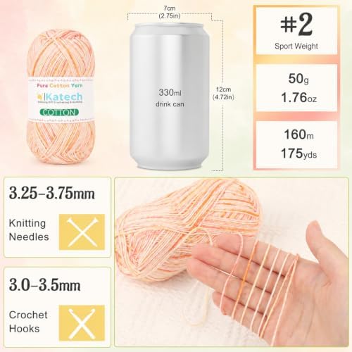 Katech 1OO% Variegated Cotton Yarn for Crocheting-2 Sport Weight Baby Yarns