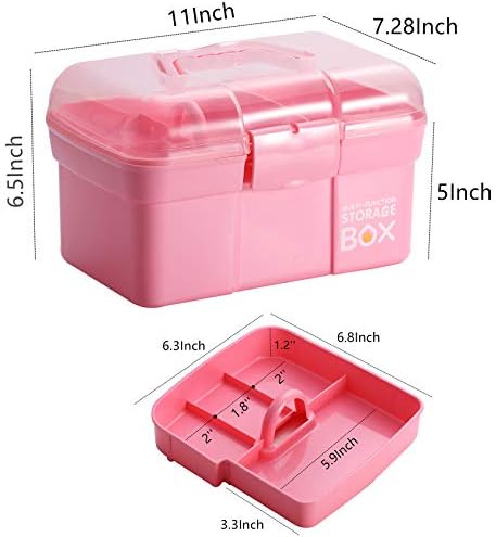 Kinsorcai 11'' Plastic Storage Box with Removable Tray, Multipurpose Organizer and Storage Case for Art Craft and Cosmetic (Pink)