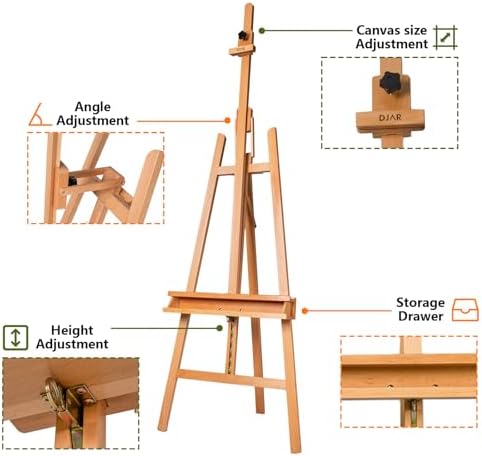 DJAR Large Painters Easel for Painting, Holds Canvas up to 49", Natural | Sturdy Solid Beech Wood Studio Floor Display Stand, Adjustable Artist Easel with Storage Tray, Ideal for Adults and Students