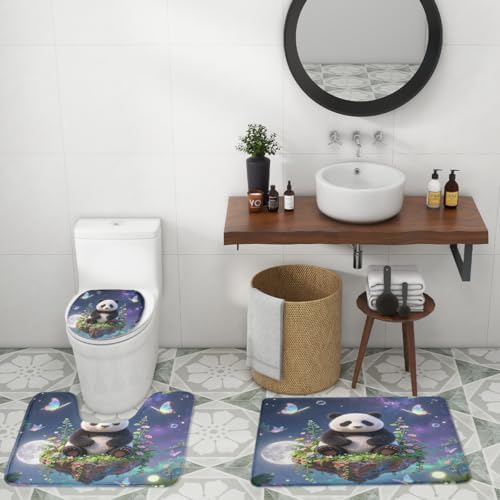 Kawaii Cartoon Animal Panda 4Pcs Shower Curtain Sets,Fairy Tale Forest Night Full Moon Bathroom Decor Set,Cute Panda Bears Butterflies Toilet Lid Rug, Bath Mat and Contour Mat