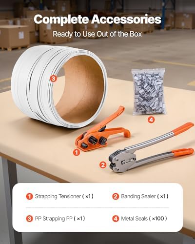 VEVOR Banding Strapping Kit, Heavy Duty Banding Sealer Tool with 330 ft Length PP Band, 100 Metal Seals, Plastic Manual Pallet Packaging Strapping Kit for Warehouse/Shipping/Moving/Home, Orange