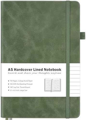 MALEDEN Notebook, A5 Hardcover Leather Notebook for Work, Notebook Journal for Women, Men, 192 Thick Paper, Large Notebook with Pockets, Professional Business Notebook (College Ruled, Light Green)