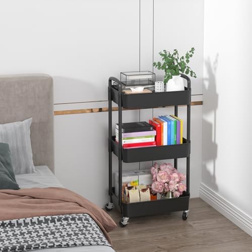 Sywhitta 3-Tier Plastic Rolling Utility Cart with Wheels for Storage,Black