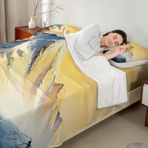 Natural Landscape Themed Bed Sheet Set King Size Golden Sunset White Snow Mountain Mattress Cover Artistic Sheets for Boys Girls Bedroom Golden with Flat,Fitted Sheet Pillowcase 4Pcs