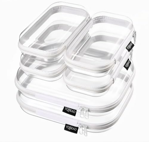 YQBRAO Clear Hard Shell Zipper Cases, 6 Travel Organizers, 2M 4S, White