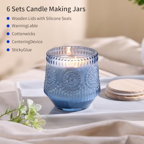 LAMORGIFT 13.5OZ Blue Glass Candle Jars for Making Candles, 6 Pack - Unique Empty Candle Jars Bulk with Bamboo Lids and Candle Making Accessories, Candle Vessels Containers for Candle Making