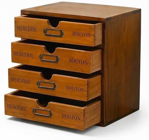 Modular Stackable Apothecary Cabinet 4 Drawer Desk Organizer - Retro Library Card Catalog Wood Storage Box - Organize Stationery, Thread Embroidery, Sewing, Crafts, Junk Drawer & Supplies Countertop
