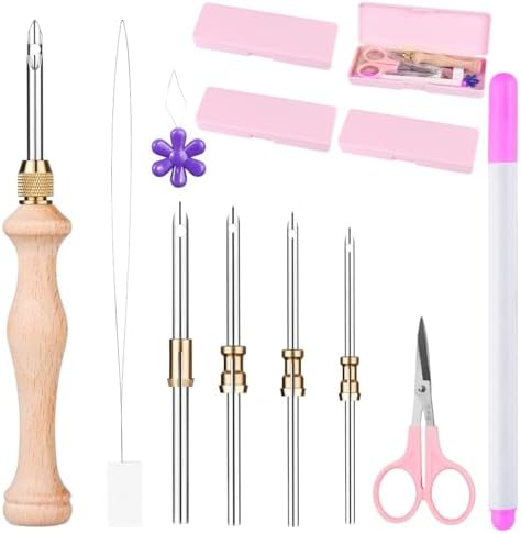 Cheloment 4 Set Punch Needle Kit with Storage Box, Adjustable Tool with 5 Metal Needles, Embroidery Set for Adults (Pink)