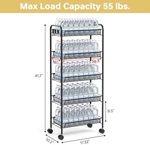 TOOLF 5 Tier Rolling Cart, Metal Utility Storage Cart with Wheels, Black | 3 Hooks, Screwless Assembly, Trolley Organizer for Bathroom, Kitchen, Office, Nursery, Dorm, Laundry Room